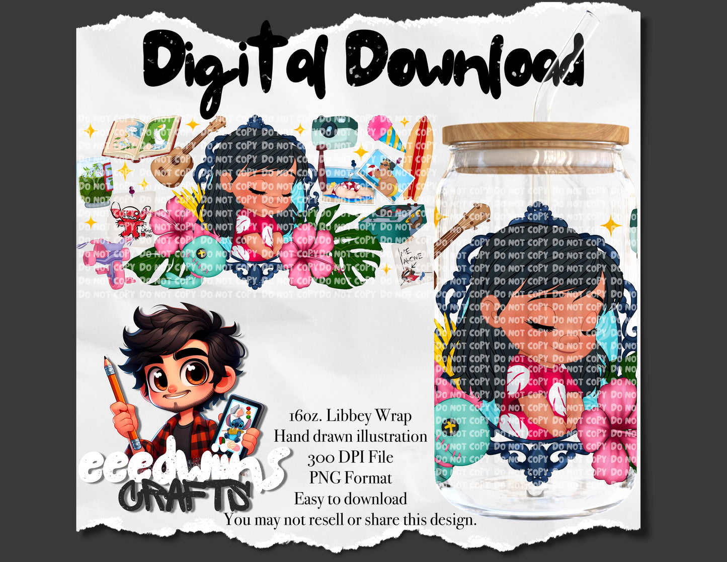 16OZ DIGITAL DESIGN - HAWAIIAN PRINCESS FRAME