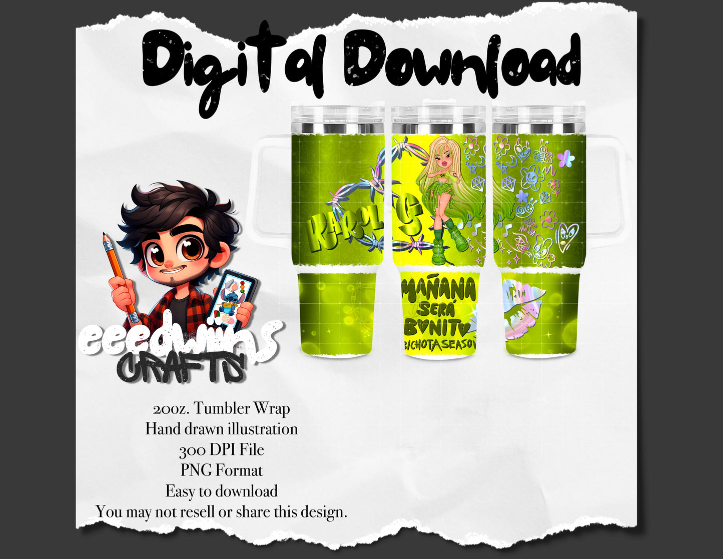 40 OZ QUENCHER TUMBLER SUBLIMATION GREEN KG DOLL DESIGN.