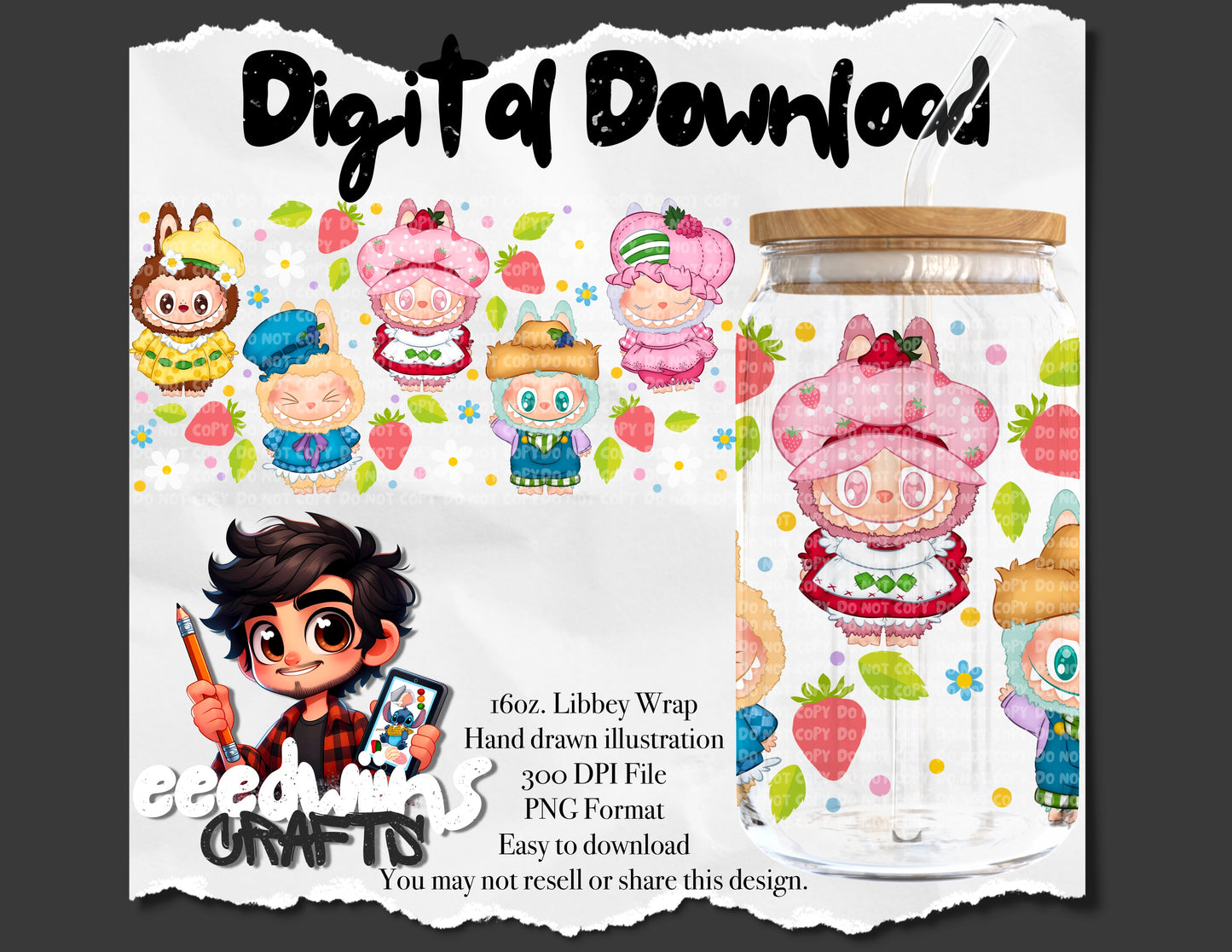 16OZ DIGITAL DESIGN - STRAWBERRY BUBU