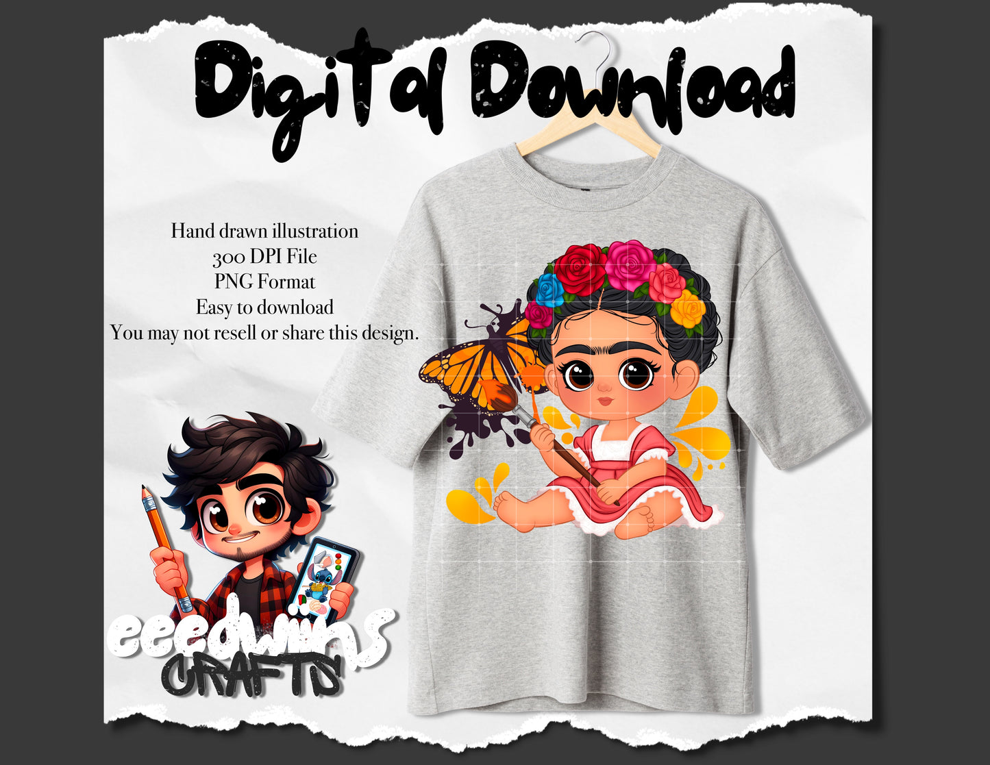 FRIDA BUTTERFLY PNG DESIGN. DIGITAL DOWNLOAD