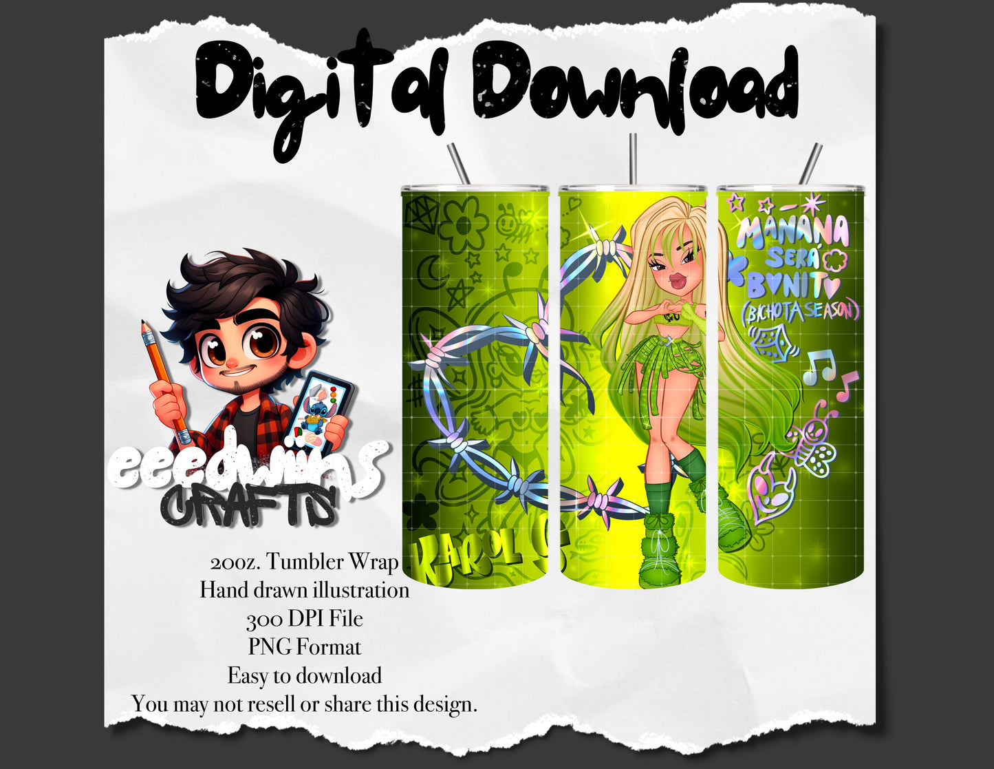 20OZ. TUMBLER SEAMLESS WRAP. GREEN KG DOLL DESIGN.